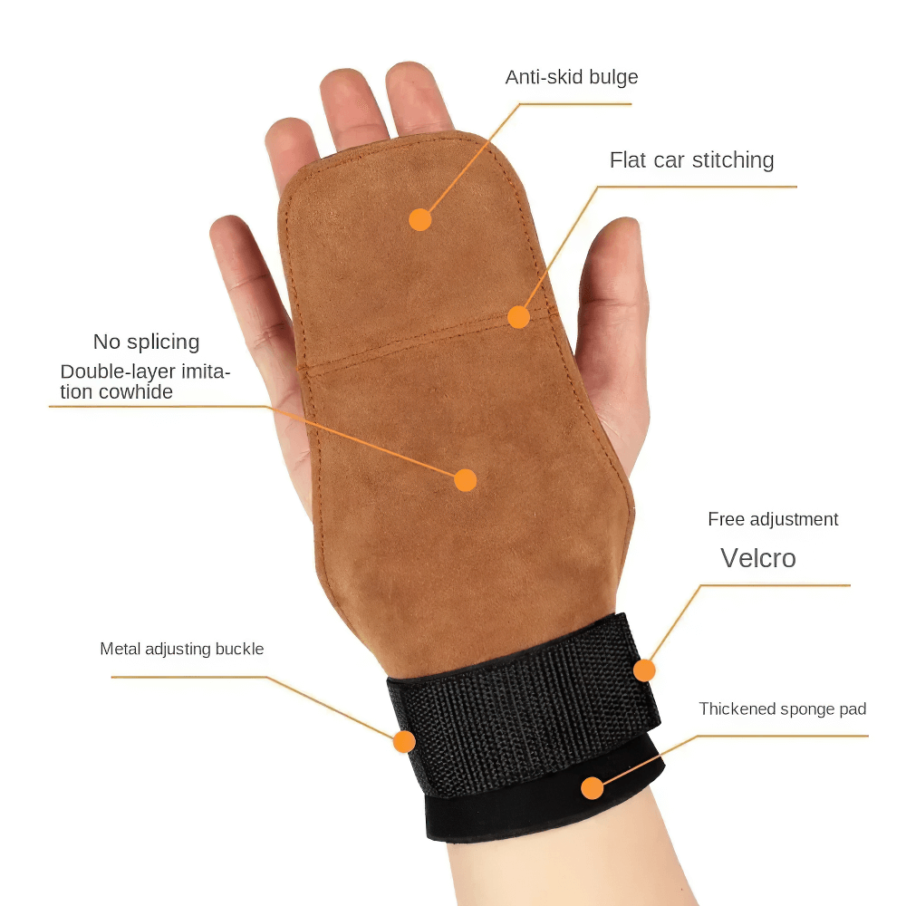 Close-up of Leather No-Finger Weightlifting Hand Grips - SF3505 showcasing features like Velcro strap, cowhide material, and anti-slip bulge.